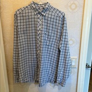 Lacoste Men's White and Blue Plaid Button Up Shirt in Size 44